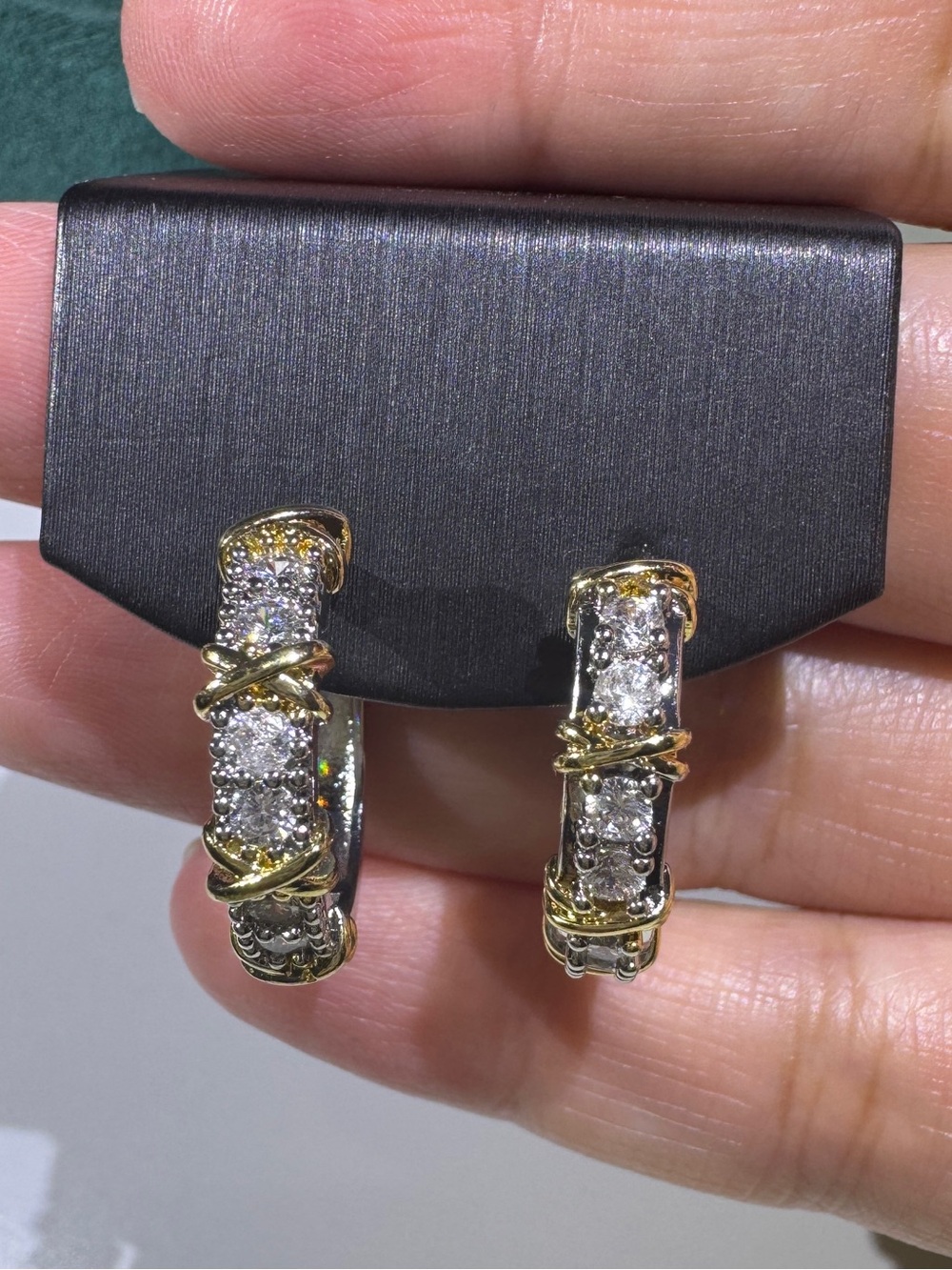 S925 Posts Two Tone CZ Crisscross Hoop Earrings Gold Silver